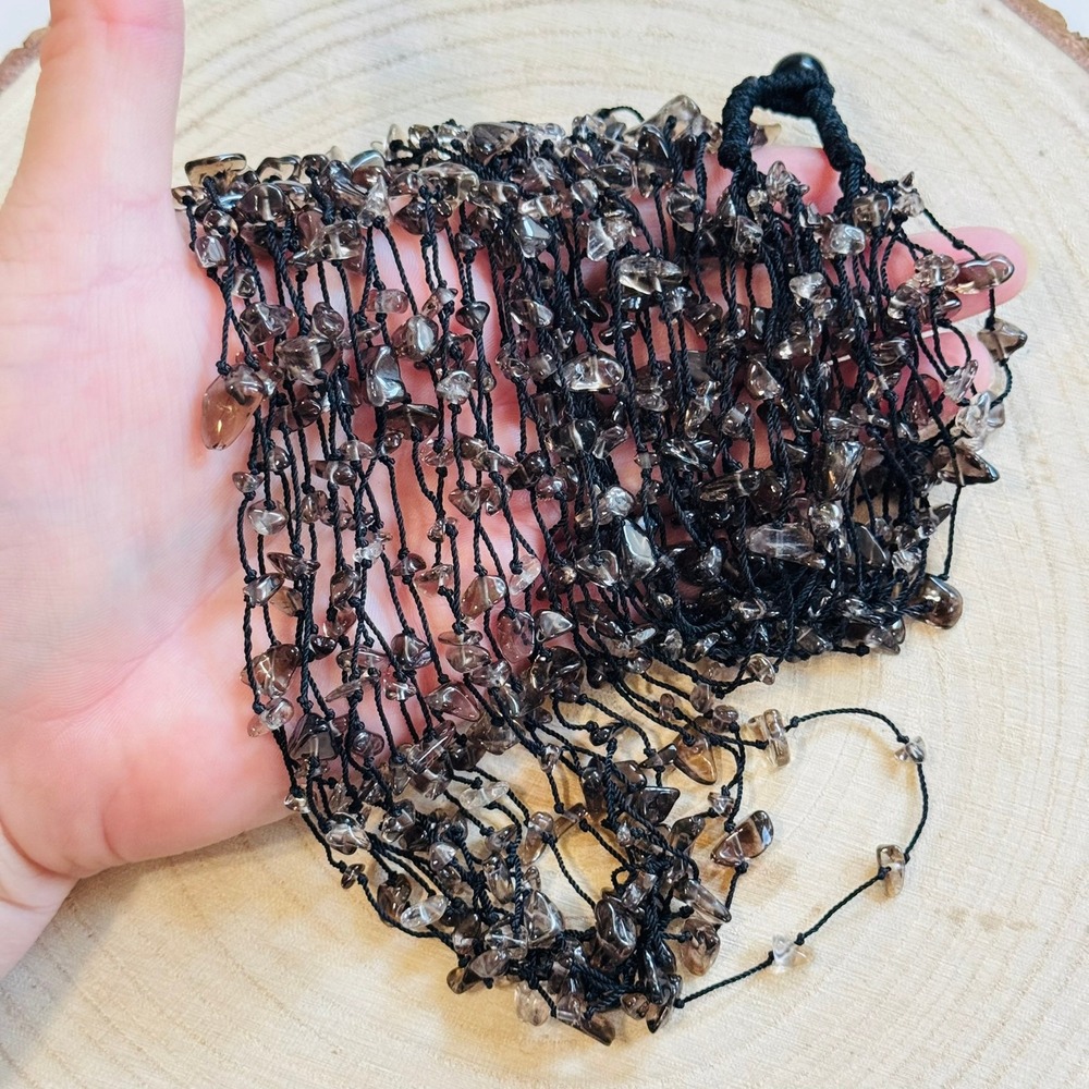VTG Smoky quartz beaded Long Multi Necklace Beads Natural stones Crochet 90s Y2k